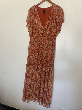 Fairy Floral Tiered Ruffle Rust Midi Dress with V-Neck Front Tie Flowy Size 14P